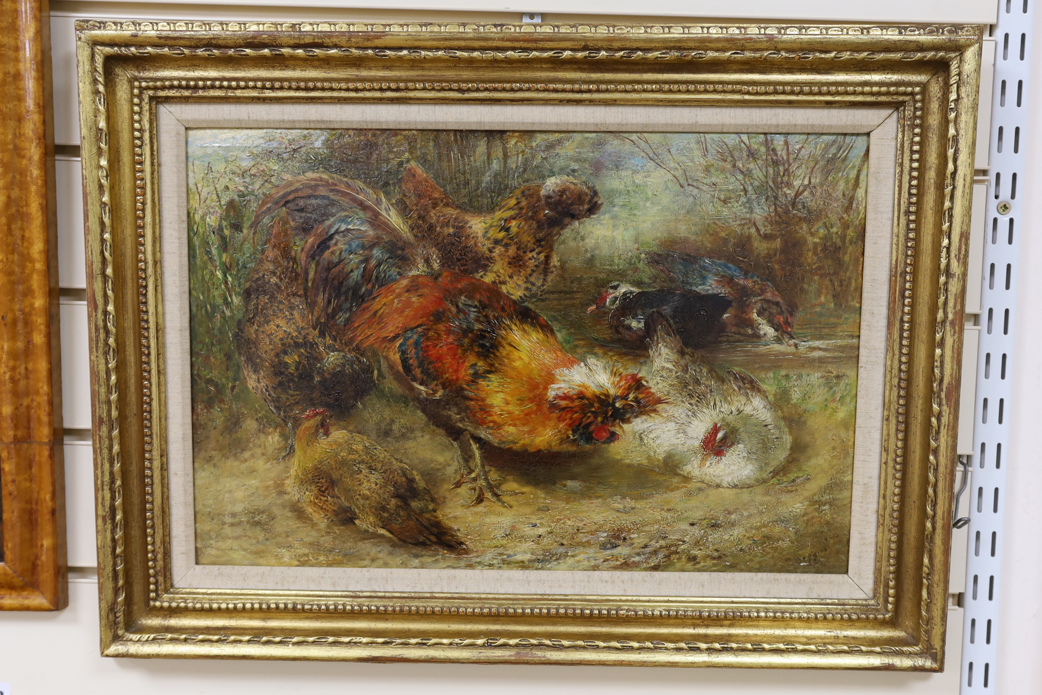 William Huggins (1820-1884), oil on board, Cockerel and chickens, signed, 31 x 46cm